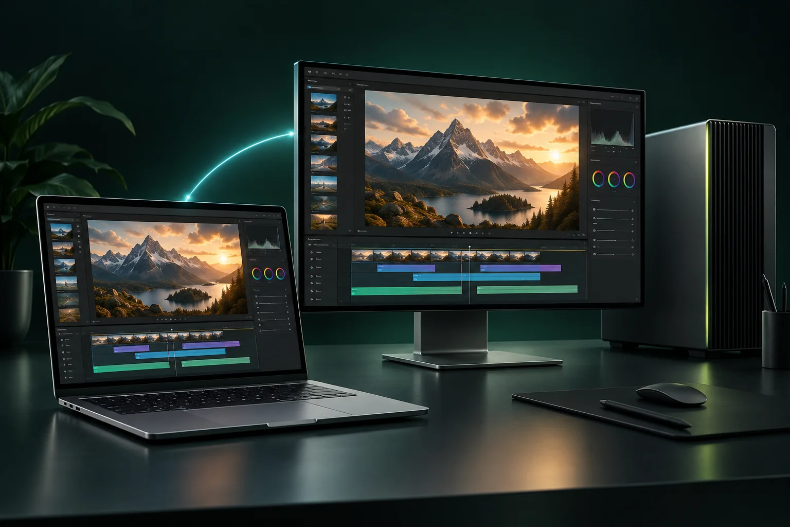 Illustration of a laptop remotely accessing a creative workstation showing the same project